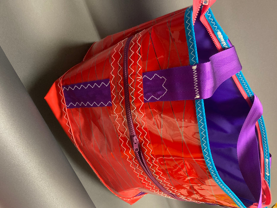 Red, purple windsurf sail cloth tote # 136